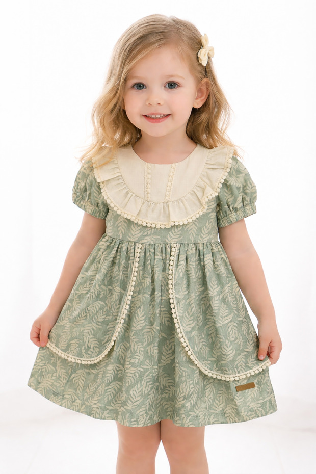 Girl's Floral Patterned Lace Detailed Short Sleeve Summer Dress (2-5 Years)