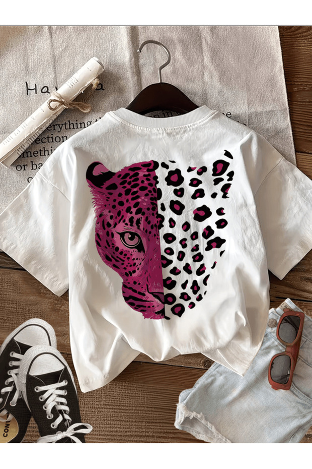 Back pink leopard patterned tiger printed premium oversize t-shirt