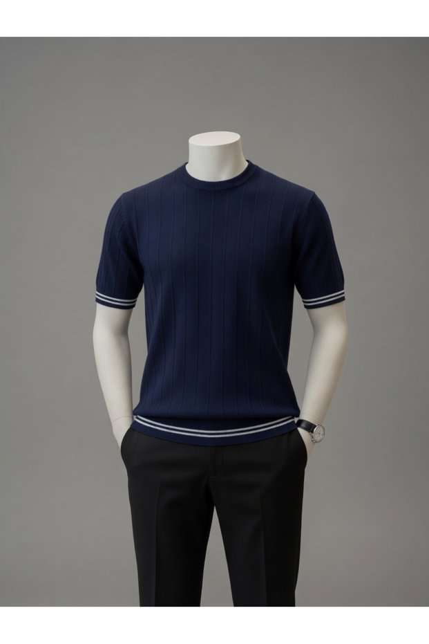 Men's Short-Sleeved Summer Knitwear T-Shirt with Vertical Line Pattern, 100% Cotton, Skirt Sleeves with Ribbed Line Details T-Shirt