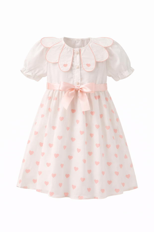 Girl's White Heart Patterned Dress with Bow, Stylish Summer Design