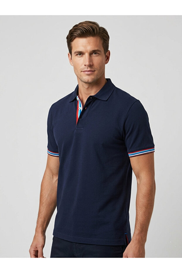 Men's Polo Collar Contrast Stripe Detailed Slim Fit T-Shirt