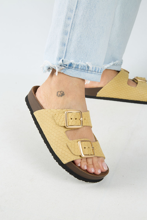 ® Premium Petra Genuine Leather Snake Textured Double Belt Buckle Women's Daily Slippers