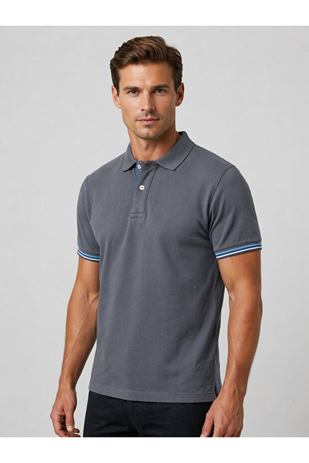 Men's Polo Collar Contrast Stripe Detailed Slim Fit T-Shirt