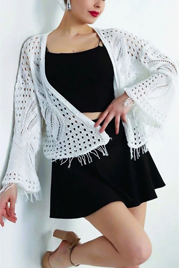 Women's Open-Front Seasonal Spring/Summer Knitwear Cardigan with Openwork Tassel Detail