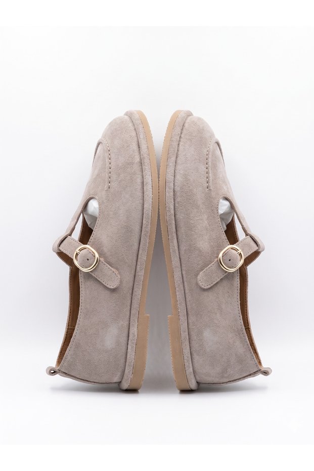 Genuine Leather Beige Suede Mary Jane Women's Shoes with Buckle, Comfortable Ballet Flats, Daily Stylish, Lightweight and Comfortable