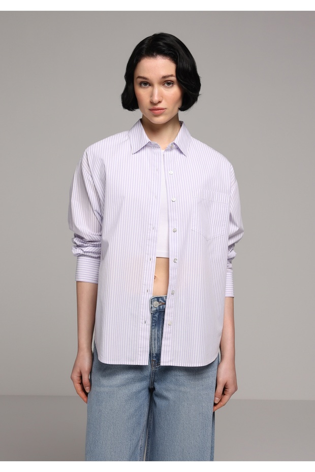 Boyfriend Fit Shirt Neck Striped Women's Purple Long Sleeve Shirt