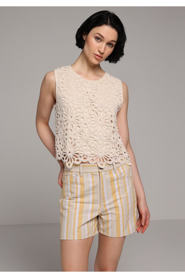 Regular Fit Low Waist Striped Women's Beige Shorts