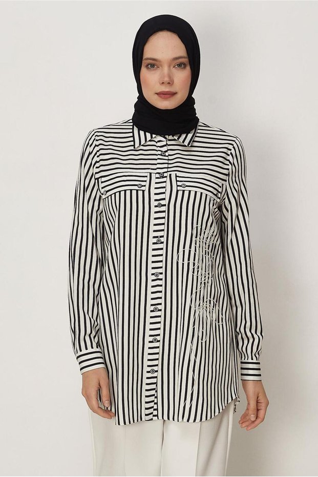 Striped Shirt Collar Tunic 46359