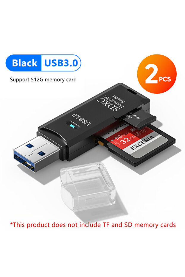 2 قطعة قارئ بطاقات USB3.0 أسود 2 في 1 USB3.0/2.0، قارئ بطاقات ذاكرة SD وTF، محرك أقراص فلاش USB C