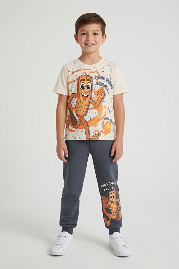 Smoked Printed Crew Neck T-Shirt with Elastic Waistband for Boys, 2-Piece Set 23888