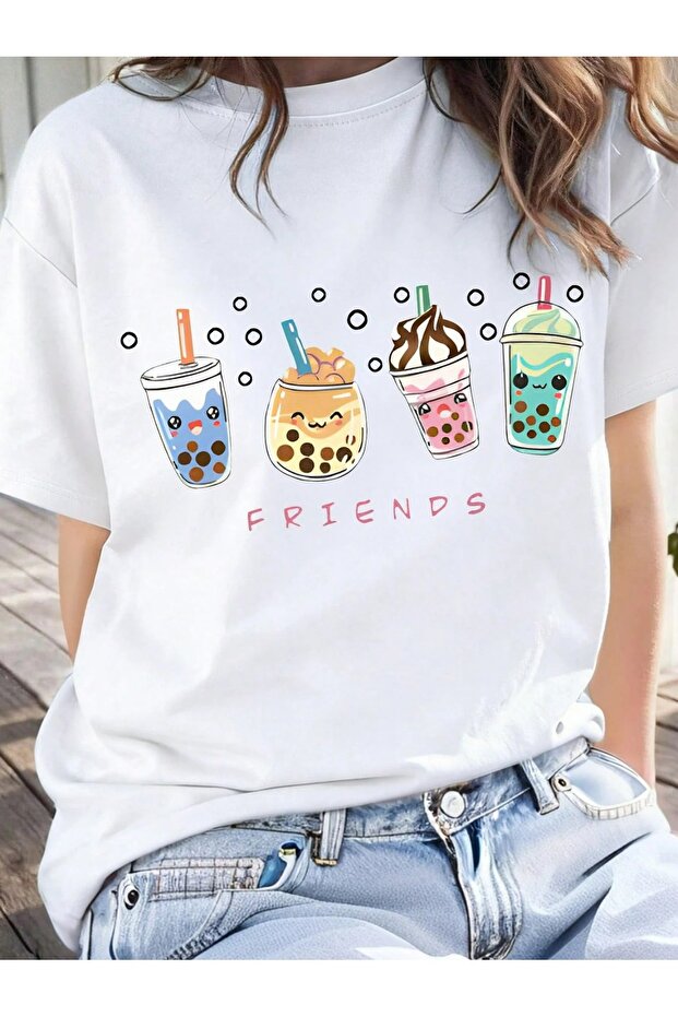 -Women's Oversize Basic Bubble Tea Friends Print T-Shirt – 100% Cotton