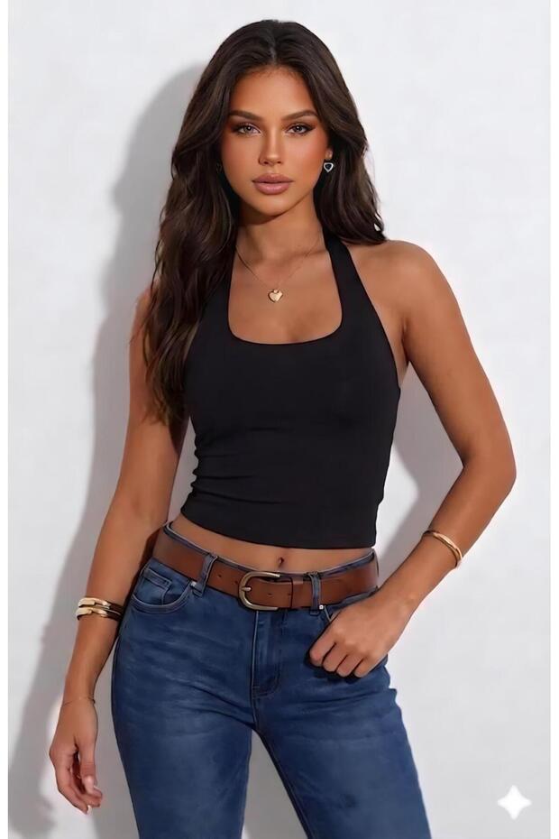 Halter Neck Basic Plain Stretchy Fabric Bluz