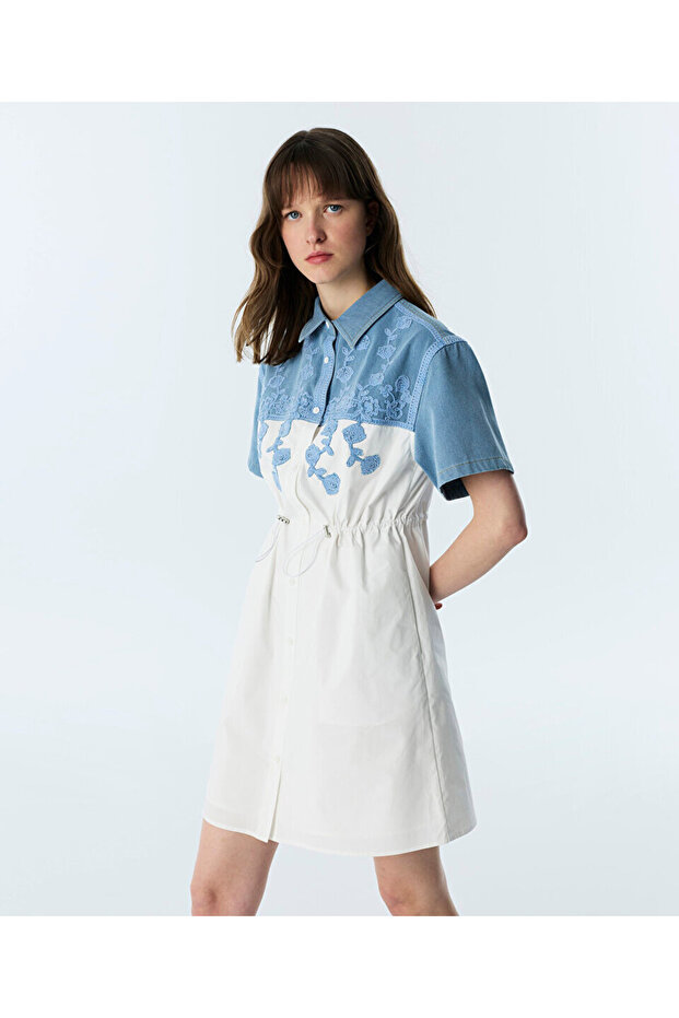 Flower Appliqued Fabric Mix Dress