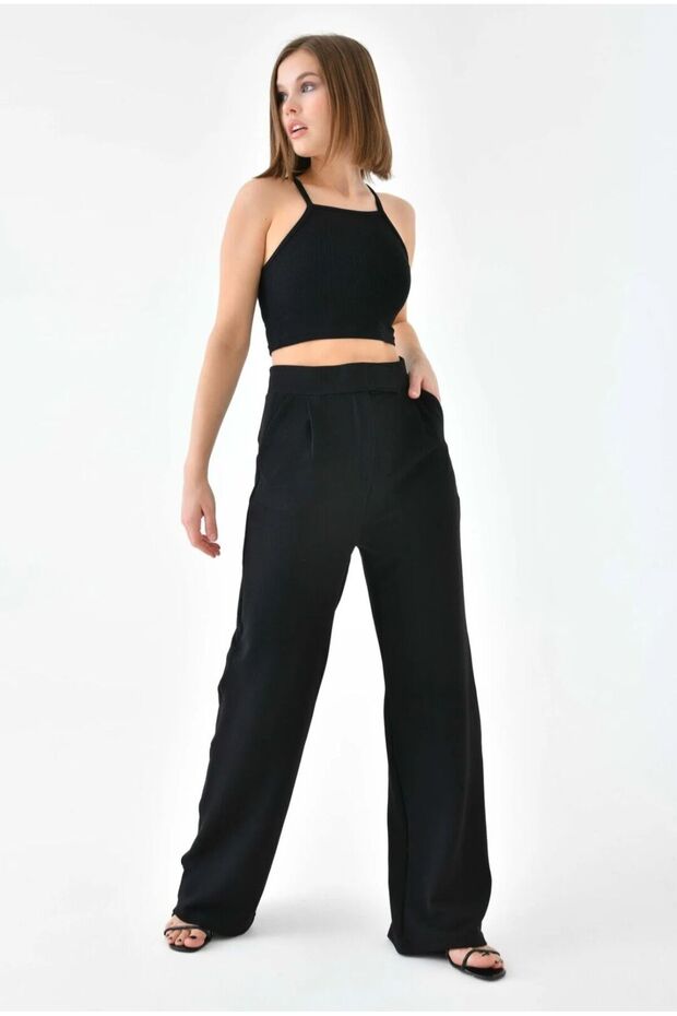 High Waist Velcro Closure Palazzo Trousers