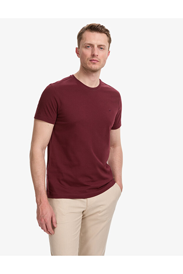 Burgundy Slim Fit 100% Cotton Crew Neck Basic T-Shirt 50325307-Vr014