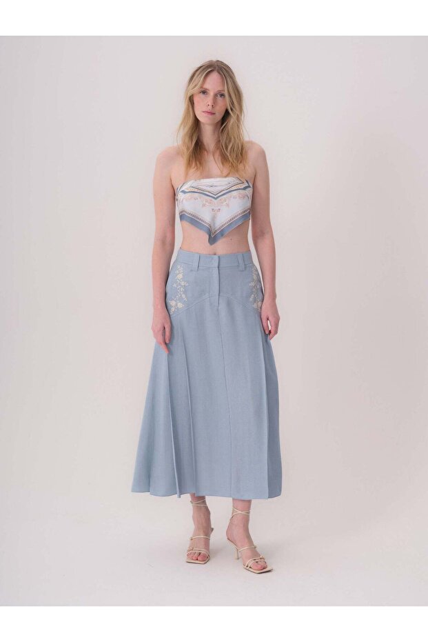 Embroidery Detailed Linen Skirt