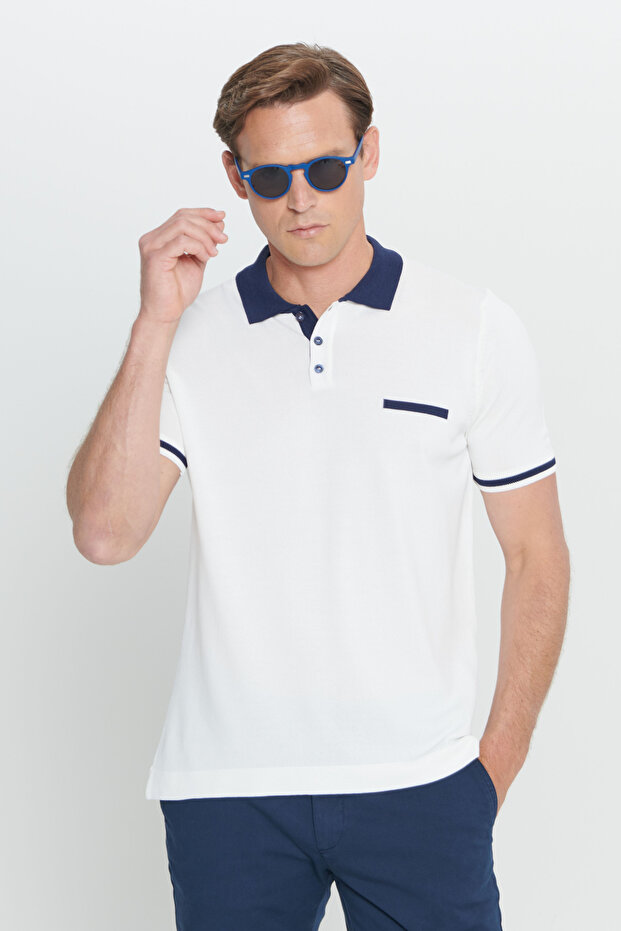 Men's White-Navy Blue Standard Fit Regular Cut Polo Collar Knitwear T-Shirt