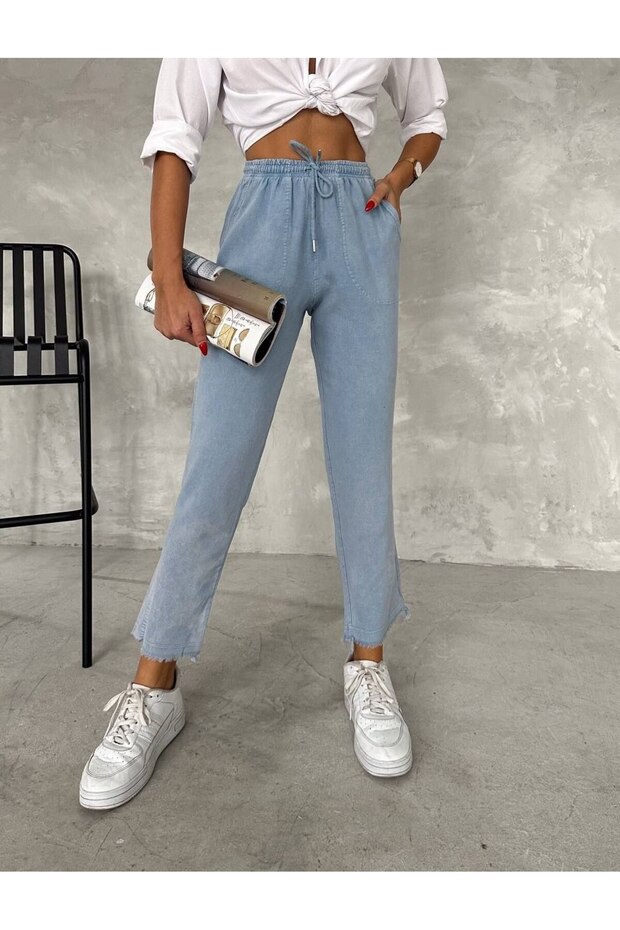 Ar66 Acid Washed Comfortable Cut Women's Trousers with Elastic Waist