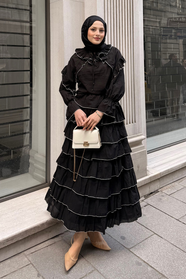 Women's Layered Voile Skirt Suit Black