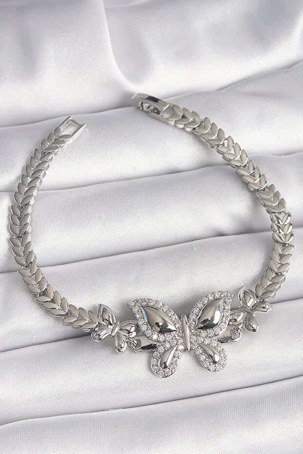 Brass Silver Color Zircon Stone Butterfly Model Women's Bracelet