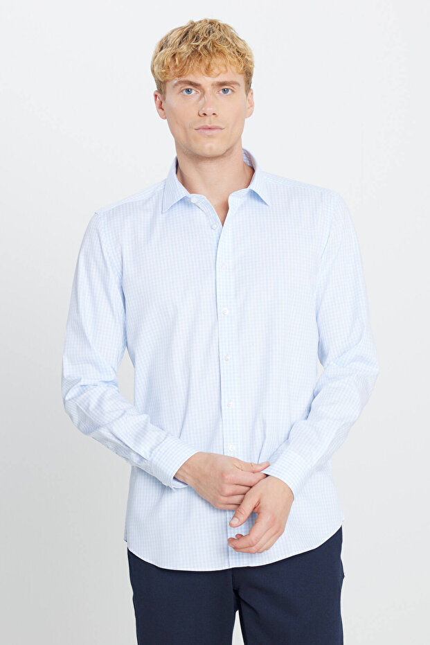 Men's Blue-White Non-Iron 100% Cotton Slim Fit Classic Collar Shirt