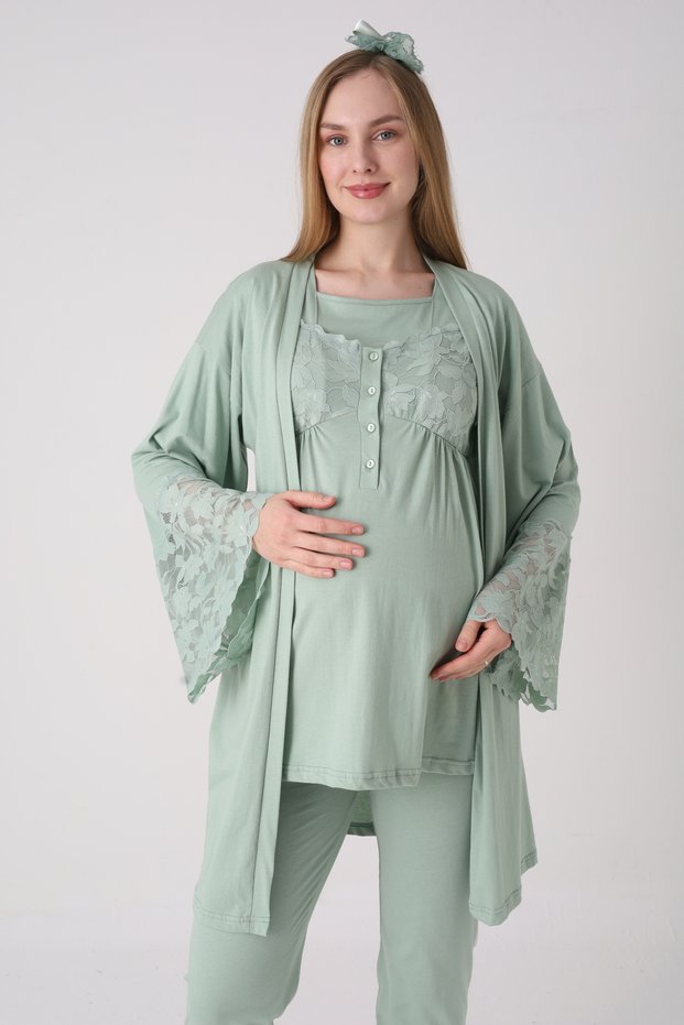 New Season Green Maternity Summer Elegant Lace Detailed Design Short Sleeve Dressing Gown Pajama Set