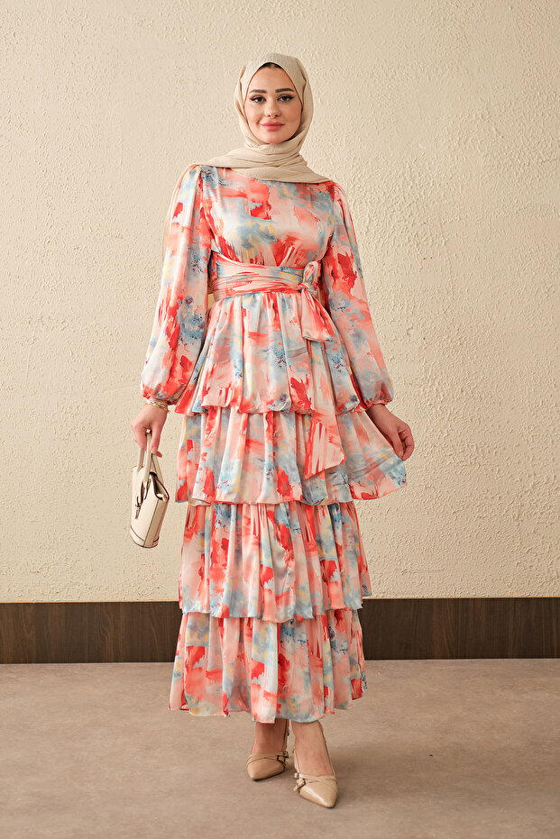 Women's Mixed Pattern Waist Tie Satin Dress Pomegranate Flower