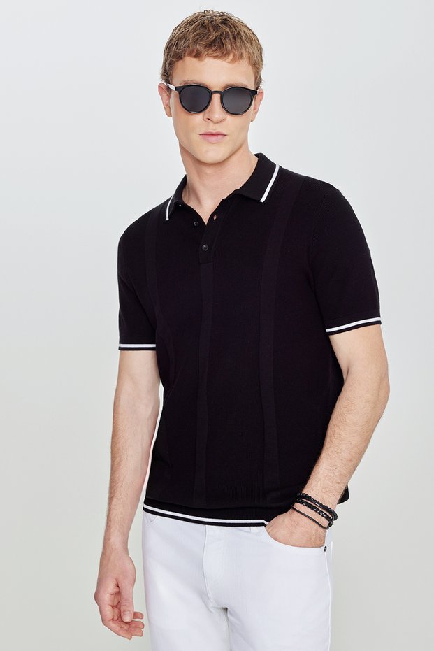 Men's Black 100% Cotton Standard Fit Jacquard Knitwear Polo Neck T-Shirt