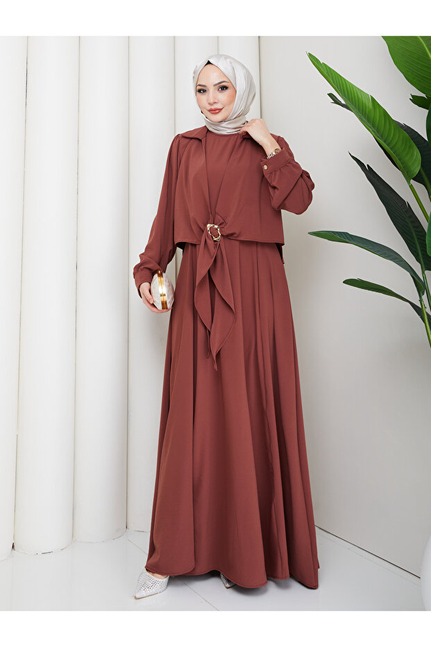 Cupra Fabric Dress with Buckle Detail, Double Tunic Dress, 2 Pieces