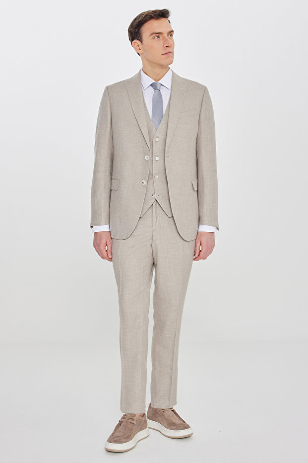 Men's Beige Slim Fit Slim Fit Swallow Collar Striped Suit with Flap Pockets