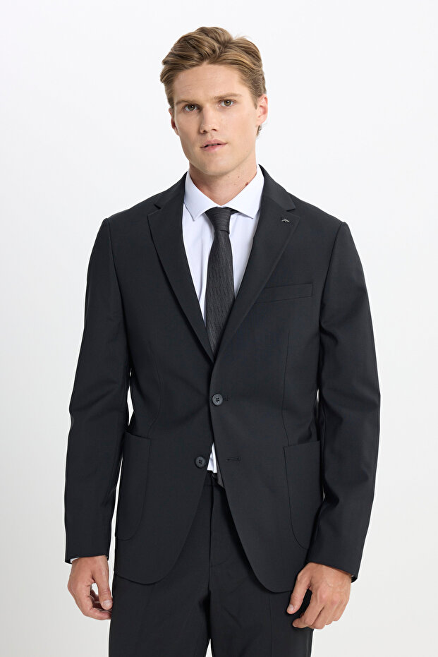 Men's Black Wool Slim Fit Mono Collar Flexible Suit with Pocket