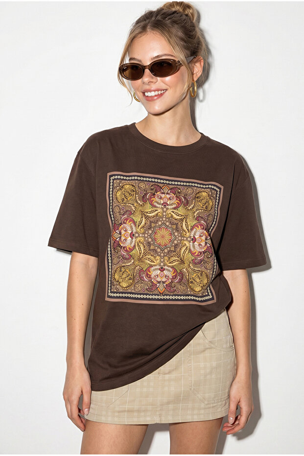 Women's Brown Ethnic Patterned Bead Embroidered Print Detailed Oversize T-Shirt 2128 60286123