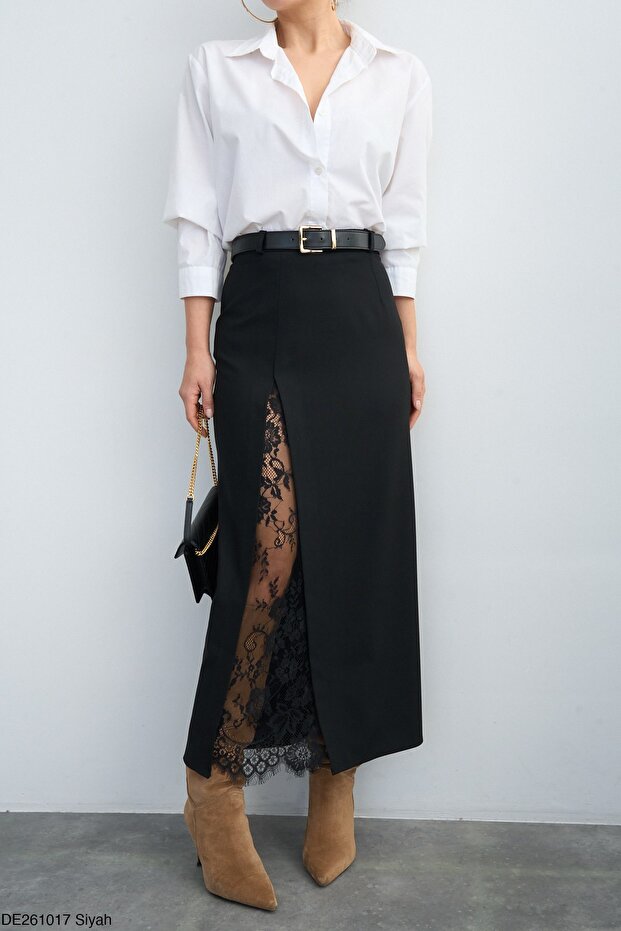 Women's Black Lace Slit Detailed Long Fabric Skirt