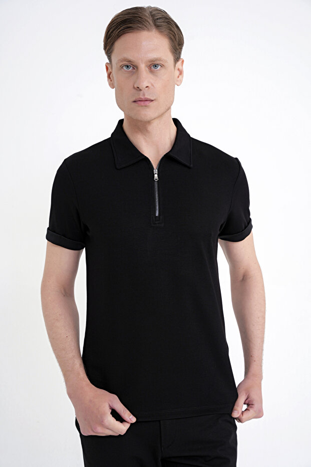 Slim Fit Stretch Cotton Zippered Polo Collar Black T-Shirt Ts 926