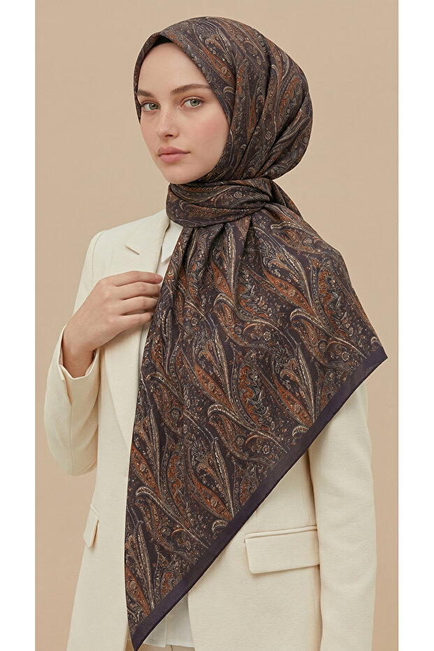 Efsun Patterned 120*120 cm Cotton Scarf - Purple / Tiles