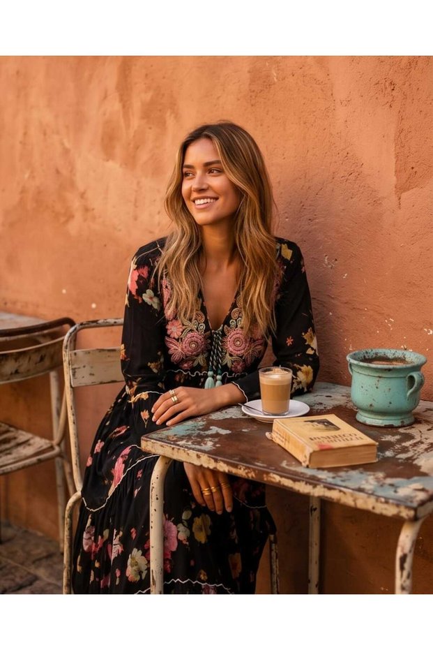Women's Black Floral Patterned Maxi Bohemian Dress with Chest Embroidery and Tassel Detail