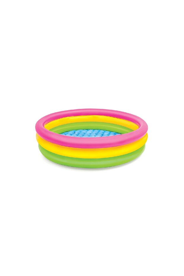 Sunset Glow Baby Pool – 3-Ring Rainbow Inflatable Toddler Splash Pool with Soft Padded Floor