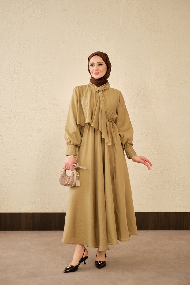 Women's Tulle Detailed Shawl Collar Waist Tie Dress Oil Green