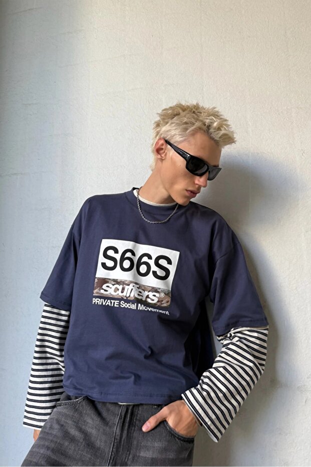 -Erkek Oversize Basic S66S Logo Print T-Shirt – 100% Cotton