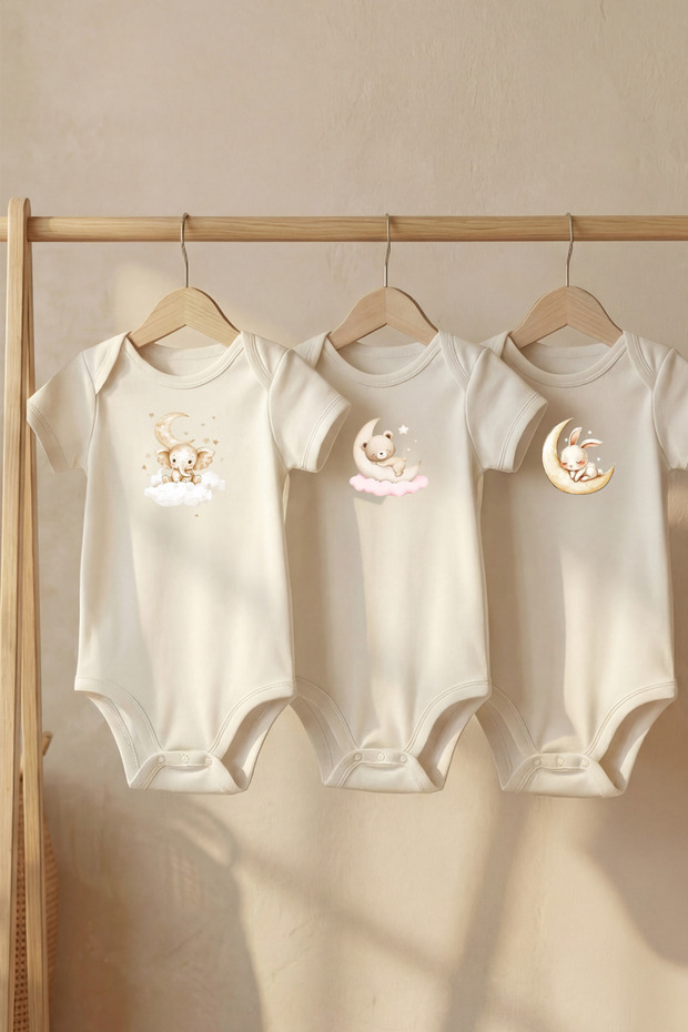 Cotton Set of 3 Moonlight Friends Printed Short Sleeve Snap Fastener Baby Bodysuit