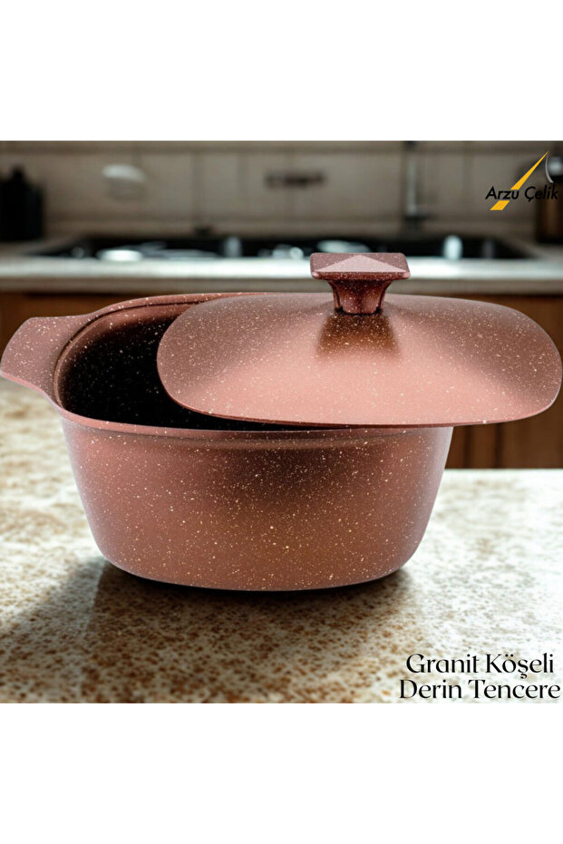 20 cm Granite Cornered Deep Pot with Aluminum Lid - Dark Copper