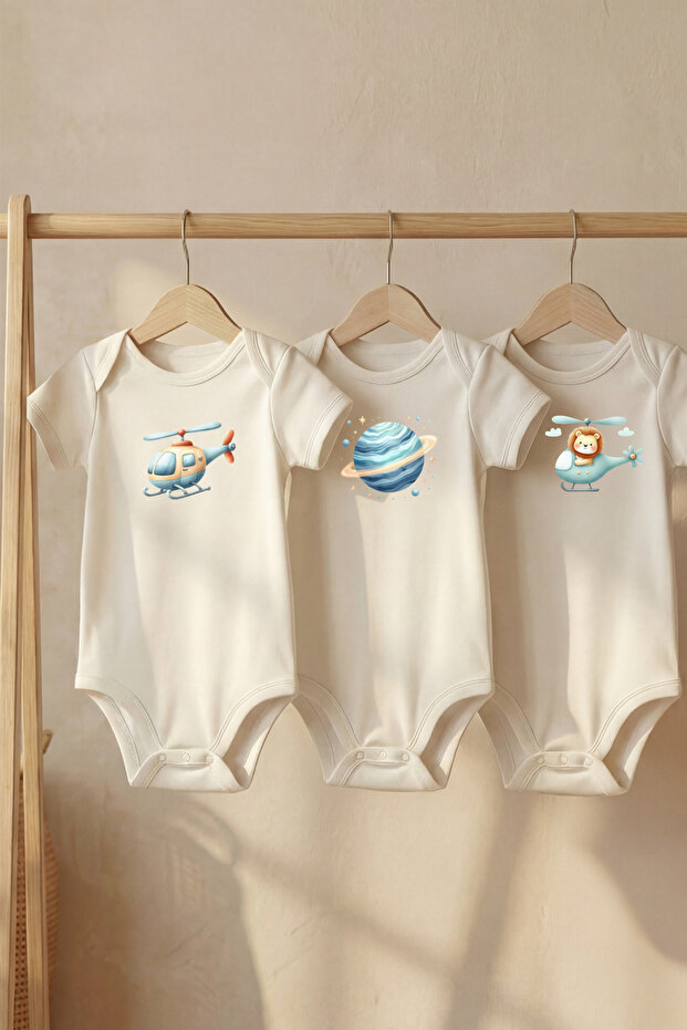 Cotton Set of 3 Space Adventure Printed Short Sleeve Snap Fastener Baby Bodysuit