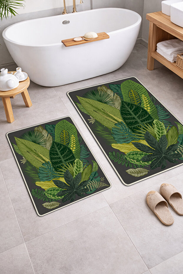 2-Piece Bathroom Mat Set - Anthracite Non-Slip Base with Tropical Exotic Leaf Pattern 40X60 and 60X100