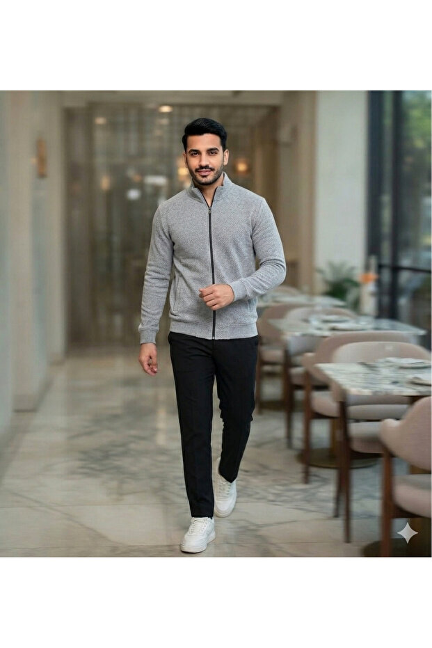 Stand Collar Zippered Thin Combed Cotton Men's Cardigan - Seasonal Two-Thread Comfortable Cut