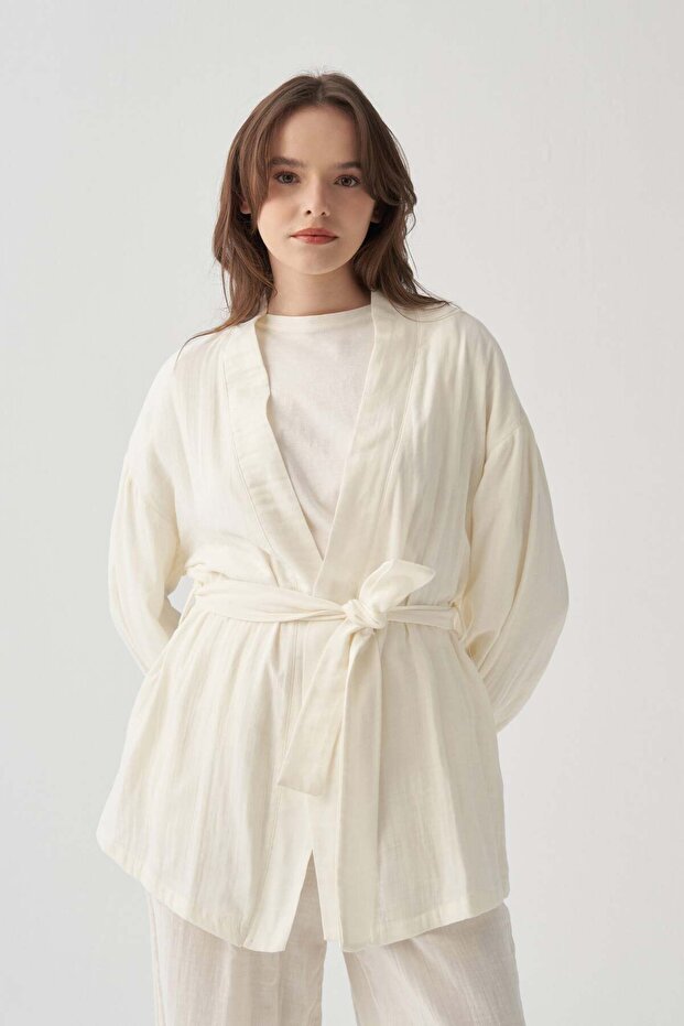 Ecru-Waist-Tied Muslin Jacket