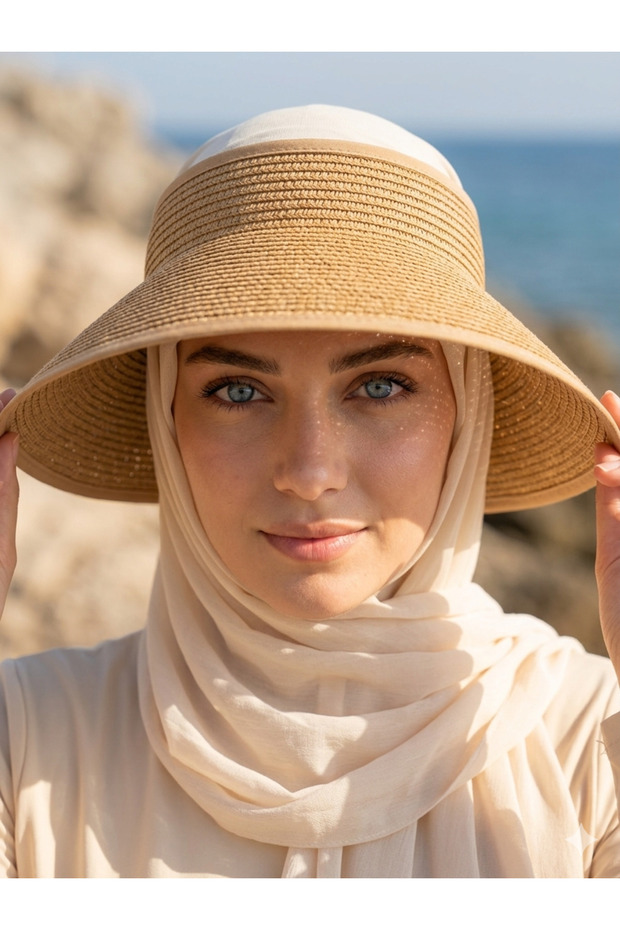 قبعة نسائية قابلة للطي بحزام فيلكرو وشريط فيونكة - قبعة شمسية قابلة للتعديل من القش