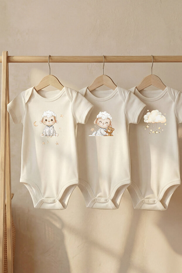 Cotton Set of 3 Fairy Tale Animals Printed Short Sleeve Snap Fastener Baby Bodysuit