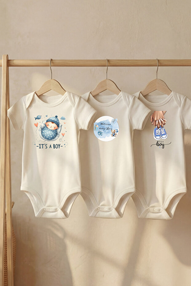 Cotton Set of 3 Welcome Little Prince Printed Short Sleeve Snap Fastener Baby Bodysuit