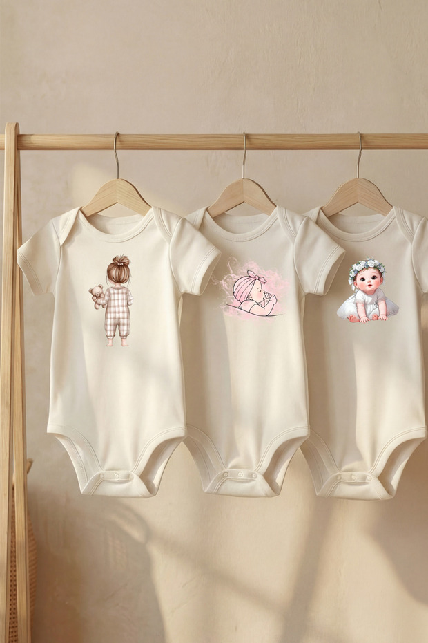 Cotton Set of 3 Princess Printed Short Sleeve Snap Fastener Baby Bodysuits