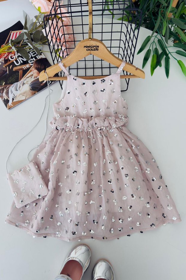 My Little One's Sequined Floral Embroidered Dress with Bag - Powder